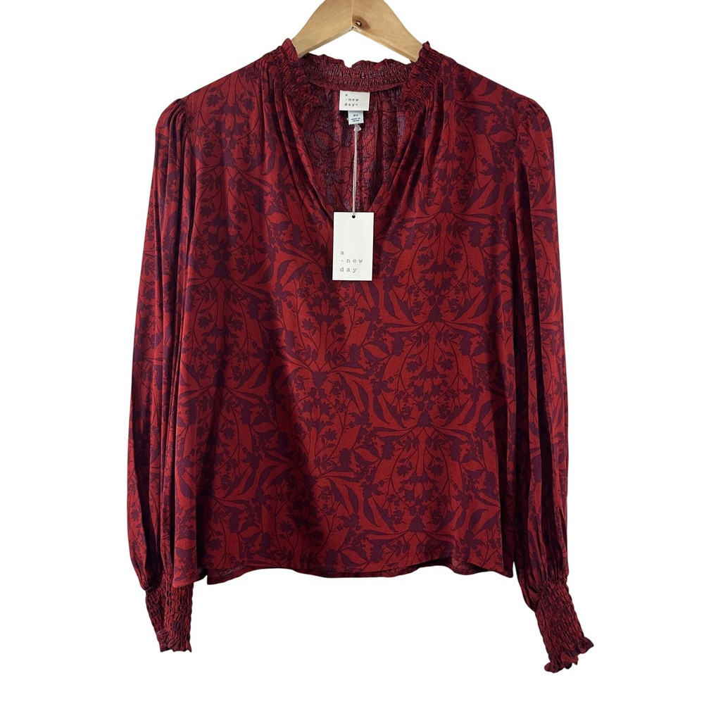 A New Day Womens XS Red Burgundy Floral Damask Smocked V-Neck Blouse NWT